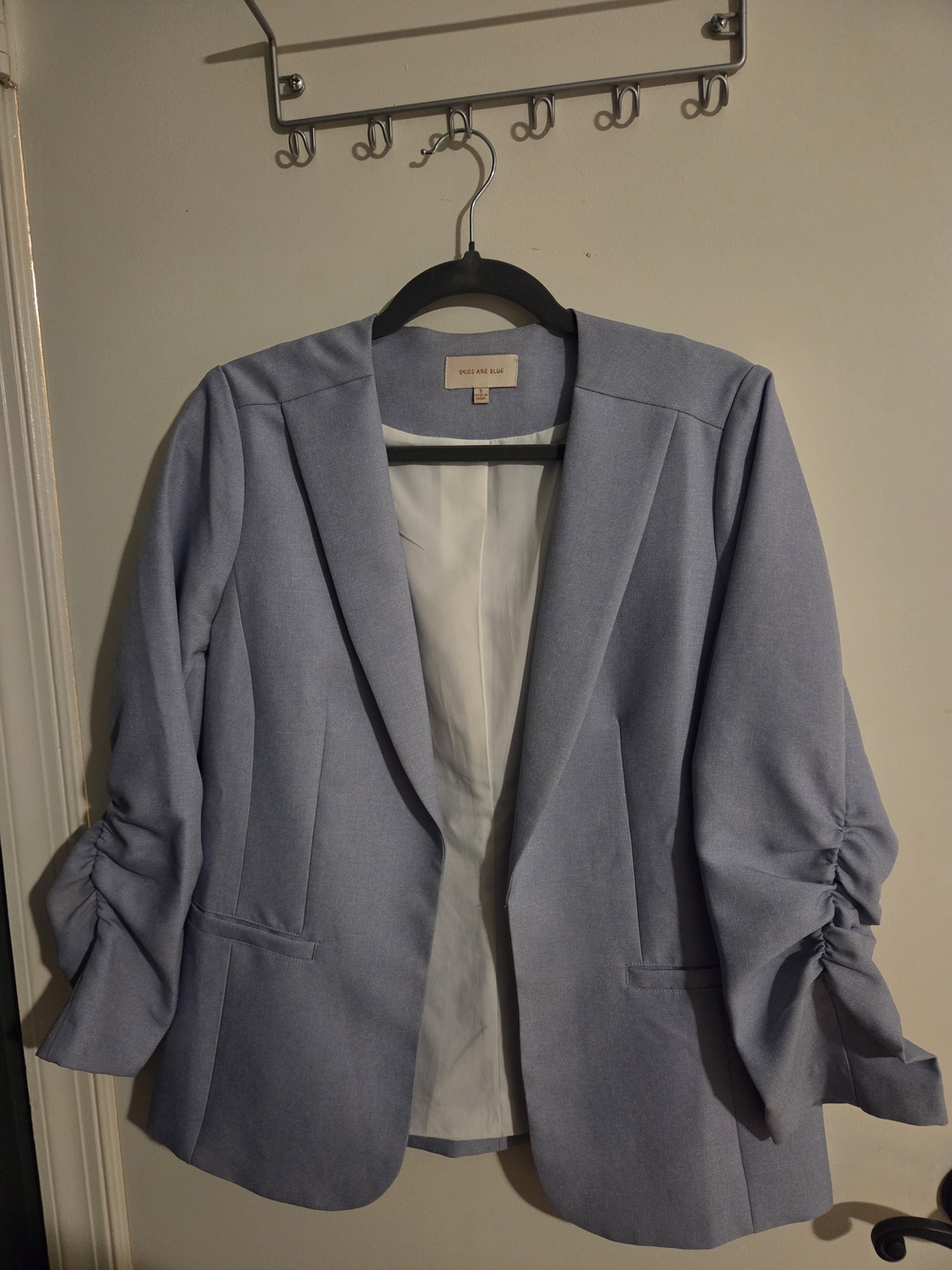Skies Are Blue Light Blue Ruched-Sleeve Open Blazer